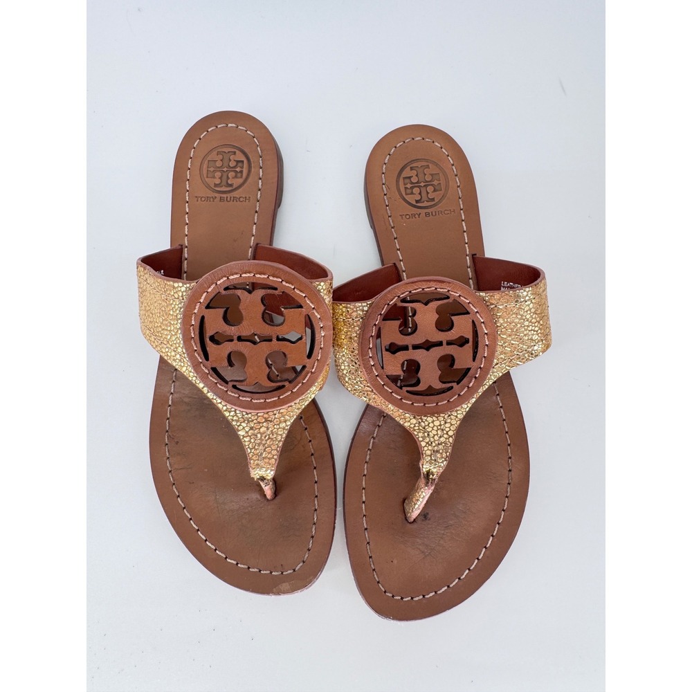 Tory Burch Miller Metallic Gold Leather Logo Thong Sandals Women's 5.5
